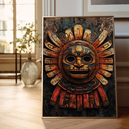A framed art print featuring a detailed Aztec sun mask, leaning against a wall on a light wood floor in a bright, modern room.