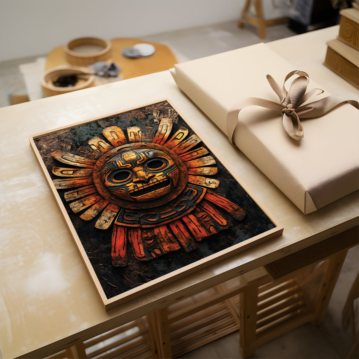 A framed art print featuring an Aztec-style sun mask with red, gold, and black tones, displayed on a light wood table next to a beige gift box with a ribbon.