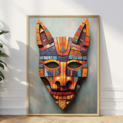 Framed wall art featuring a colorful stylized animal mask with pointed ears and geometric painted details, leaning against a white wall on a wood floor with a plant partially visible at the left edge.