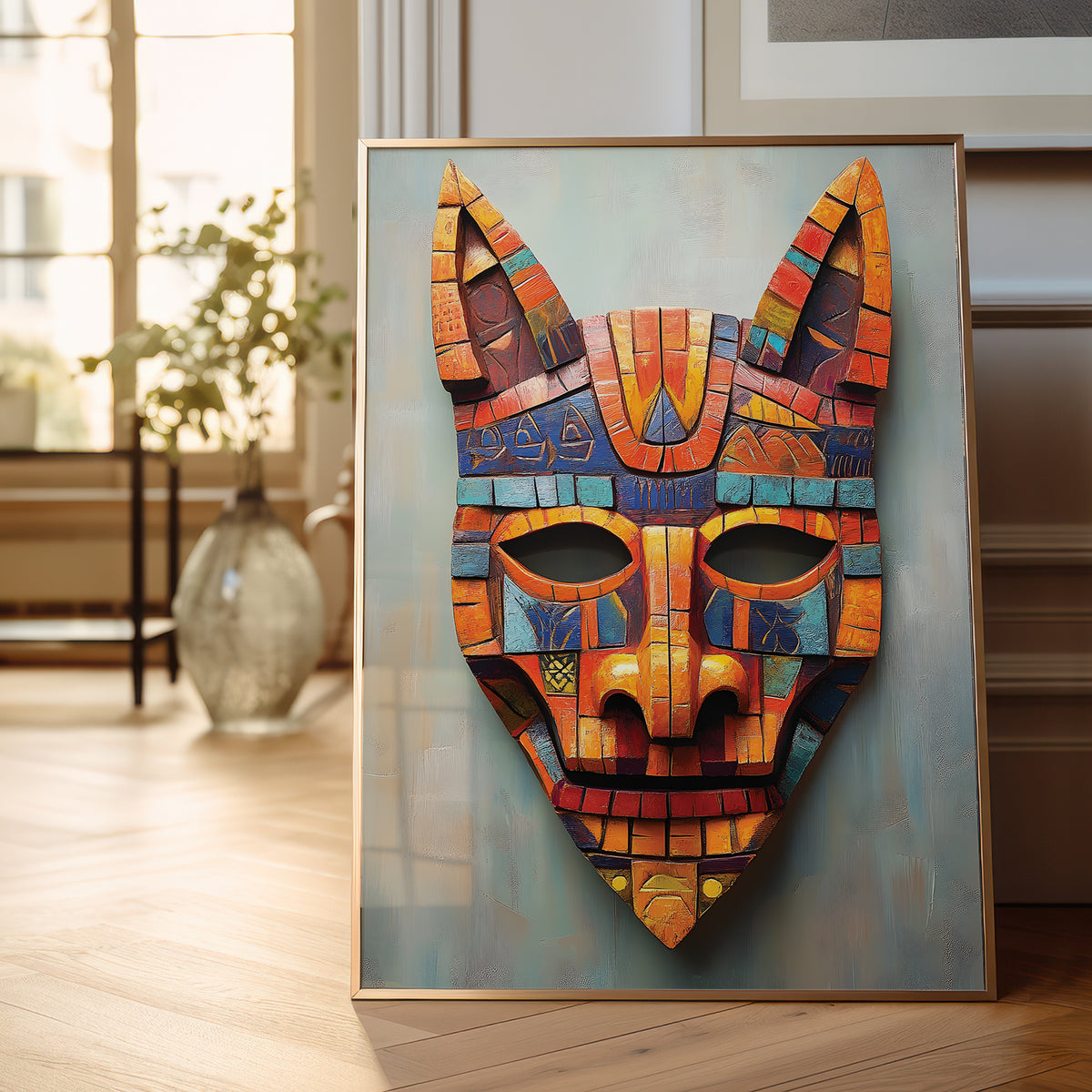 A framed wall art print featuring a stylized, colorful cat mask with geometric patterns in orange, blue, red, and gold tones, leaning against a wall in a softly lit room.