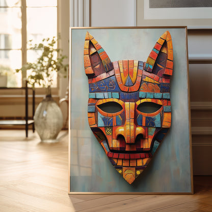 A framed wall art print featuring a stylized, colorful cat mask with geometric patterns in orange, blue, red, and gold tones, leaning against a wall in a softly lit room.