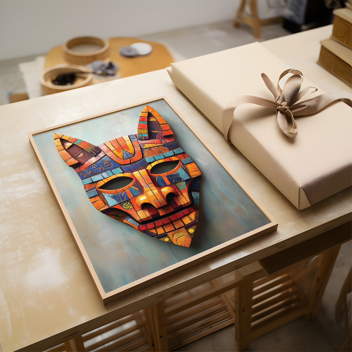 A framed art print featuring a colorful mosaic-style fox or cat mask on a light blue background, displayed on a wooden table next to a wrapped gift box with a beige ribbon.