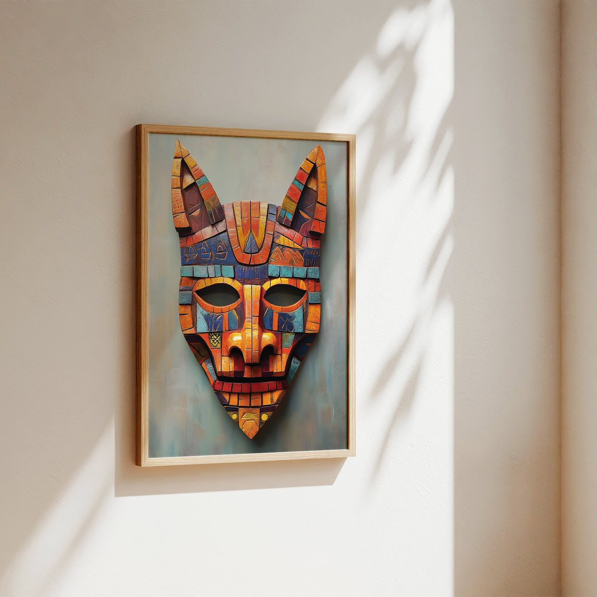 A framed wall art print featuring a colorful stylized animal mask with pointed ears and geometric patterned details, hung on a warm beige wall with soft sunlight and leaf shadows.