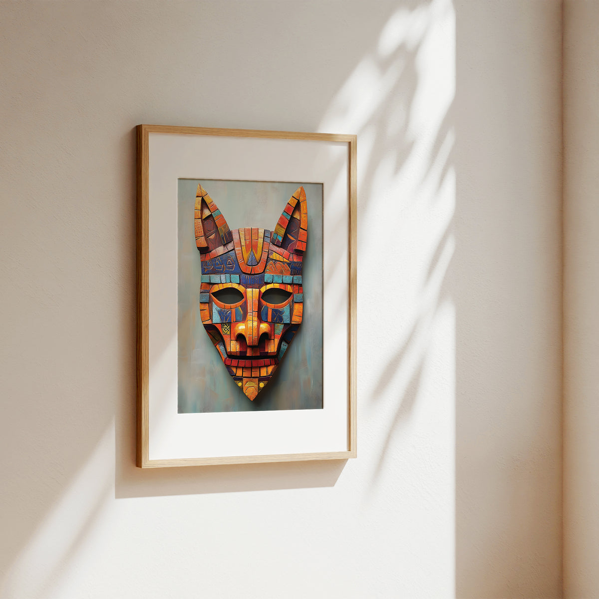 Framed wall art featuring a colorful stylized mask with geometric patterns, hung on a warm beige wall with soft sunlight and leaf shadows.