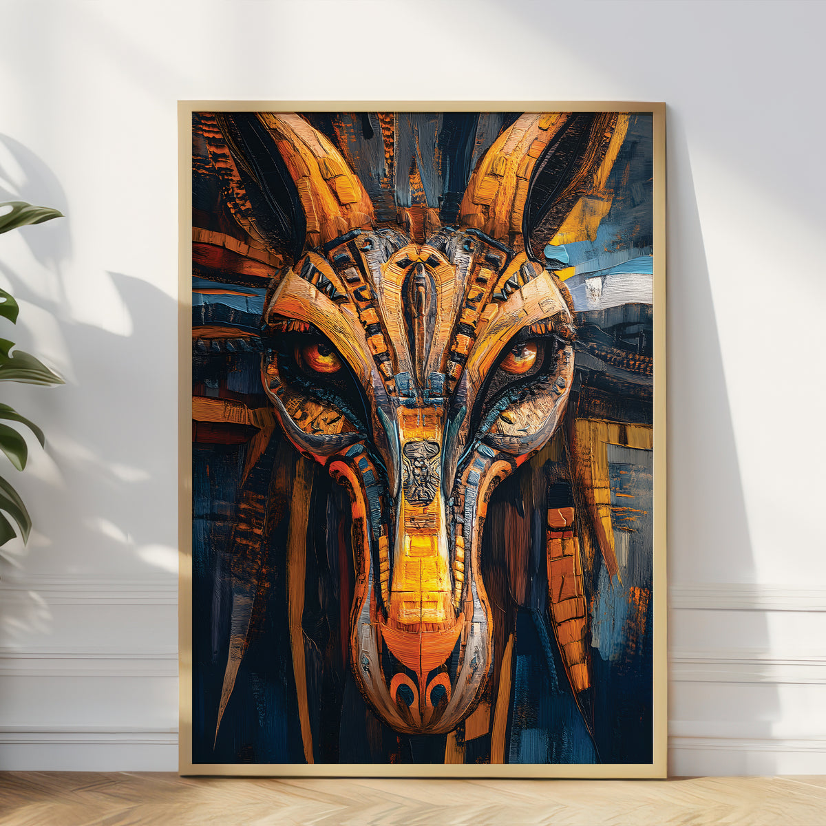A framed vertical art print featuring a stylized, highly detailed ram or goat head with ornate geometric and tribal-inspired patterns in warm gold, orange, brown, and dark blue tones, leaning against a white wall on a light wood floor next to a green plant.