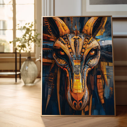 A framed vertical canvas art print featuring a stylized, highly detailed mechanical ram or goat head in warm gold, orange, and brown tones against a dark blue background, leaning against a wall on a light wood floor in a softly lit room.