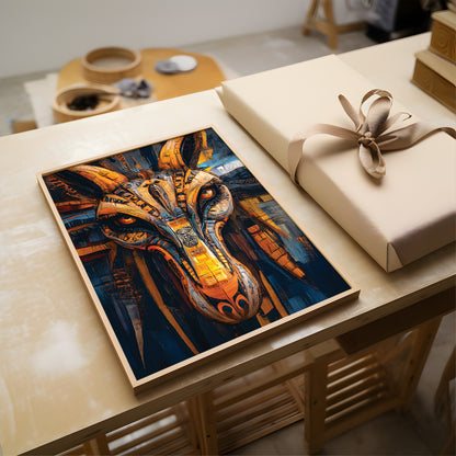 A framed abstract art print featuring a stylized mechanical bird head in orange, yellow, and dark blue tones, displayed on a light wood table next to a wrapped gift box with a beige ribbon.