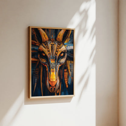 A framed abstract art print featuring a stylized mechanical animal head in warm gold, orange, and blue tones, hanging on a beige wall with soft sunlight and leaf shadows.