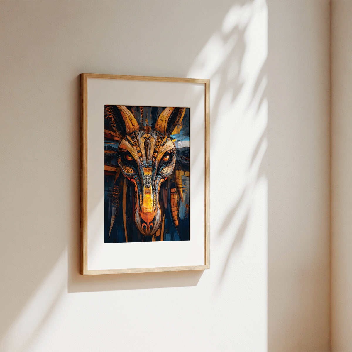 A framed art print featuring a stylized, colorful mechanical animal head with horns, displayed on a warm beige wall with soft sunlight and leaf shadows.
