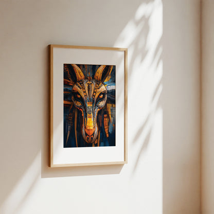 A framed art print featuring a stylized, colorful mechanical animal head with horns, displayed on a warm beige wall with soft sunlight and leaf shadows.