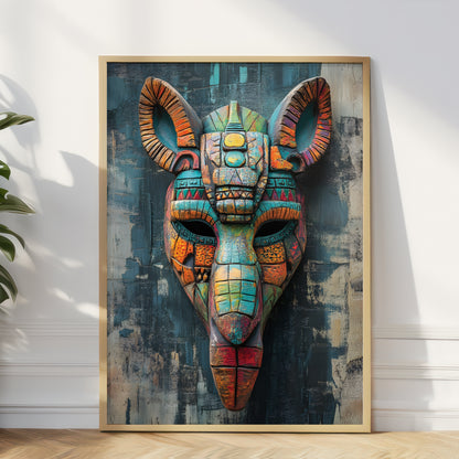 A framed wall art print featuring a colorful stylized ram or goat head mask with geometric patterns, leaning against a white wall on a light wood floor. The artwork contains teal, orange, red, yellow, and blue tones, and the frame is light wood.