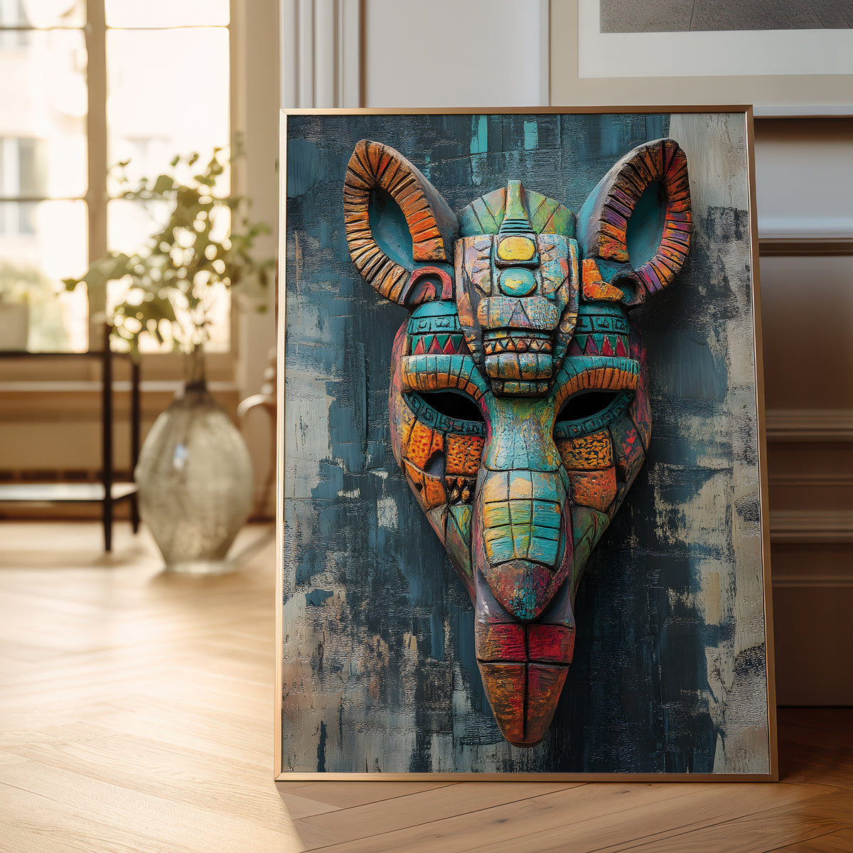 A framed vertical canvas print featuring a highly detailed, colorful stylized ram mask with geometric patterns, leaning against a wall in a bright, modern room with wooden floors and a blurred window in the background.