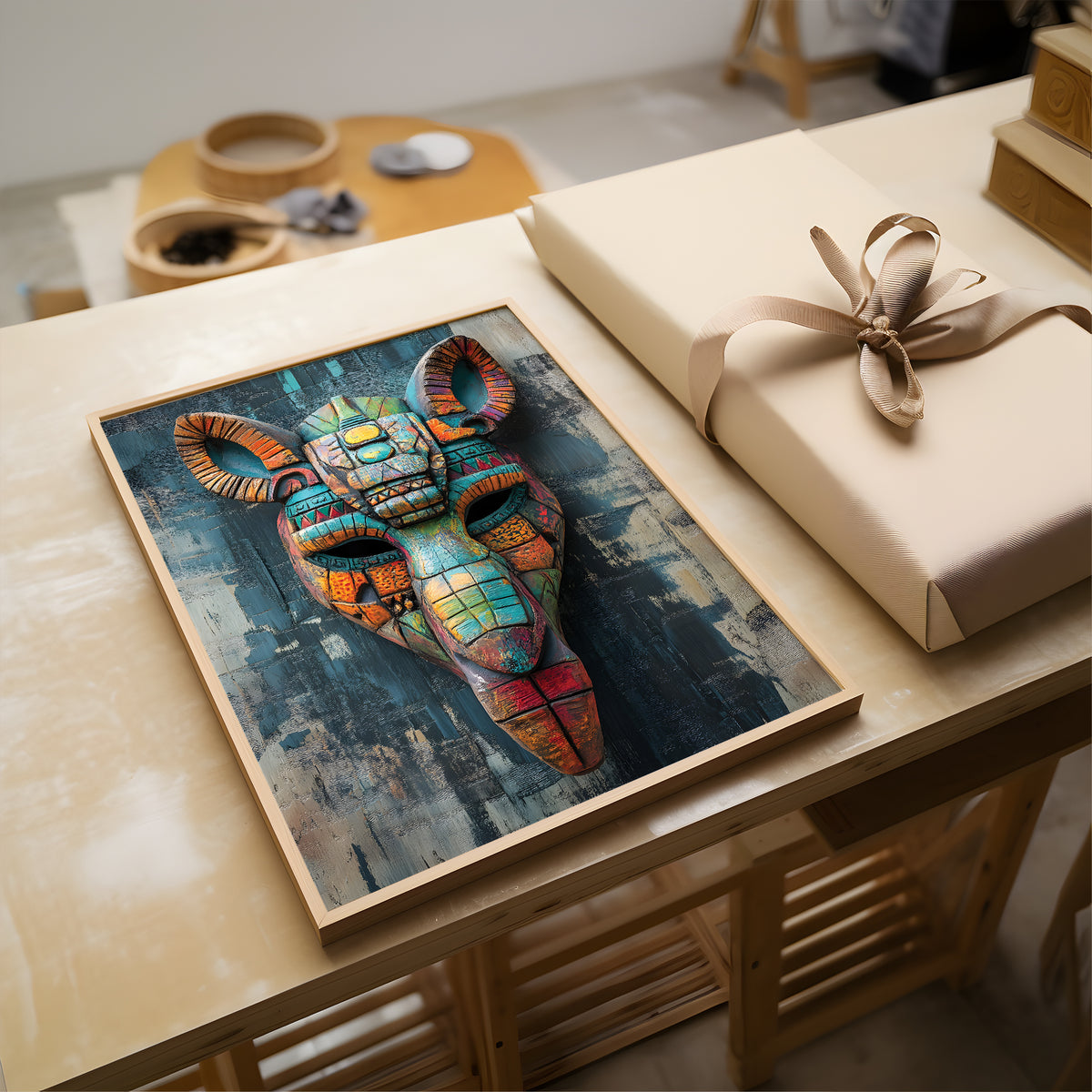 A framed art print featuring a colorful, geometric, mask-like design on a dark textured background, styled on a light wood table next to a beige gift box with a ribbon.