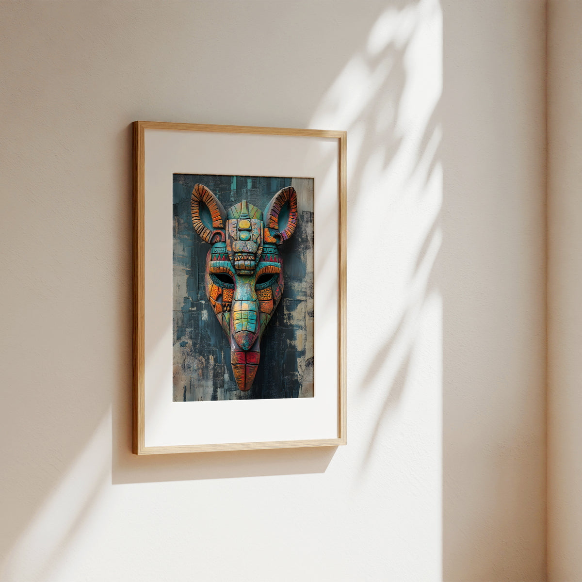 A framed art print featuring a colorful mosaic-style Anubis mask, displayed on a warm beige wall with soft, dappled sunlight and leaf shadows.