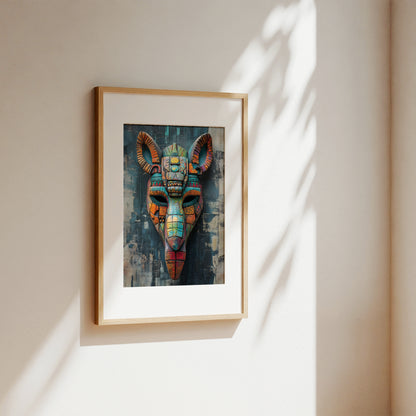 A framed art print featuring a colorful mosaic-style Anubis mask, displayed on a warm beige wall with soft, dappled sunlight and leaf shadows.