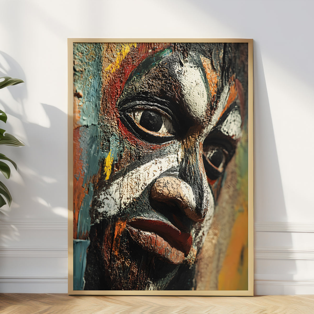 A large framed abstract portrait painting leaning against a white wall on a light wood floor, with a plant partially visible at the left edge. The artwork shows a close-up face rendered in textured brushstrokes of black, white, orange, teal, and brown tones, enclosed in a light wood frame.