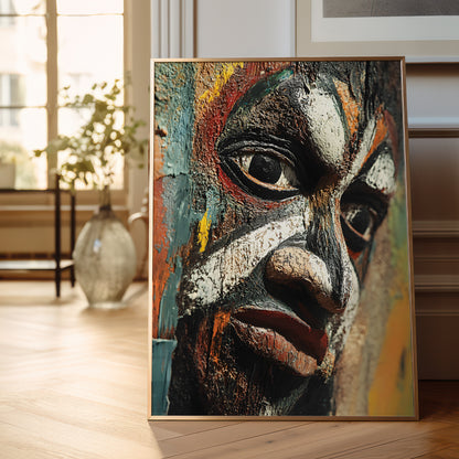 A framed abstract portrait painting of a face in expressive multicolor brushstrokes, leaning against a wall on a light wood floor in a softly lit interior room.