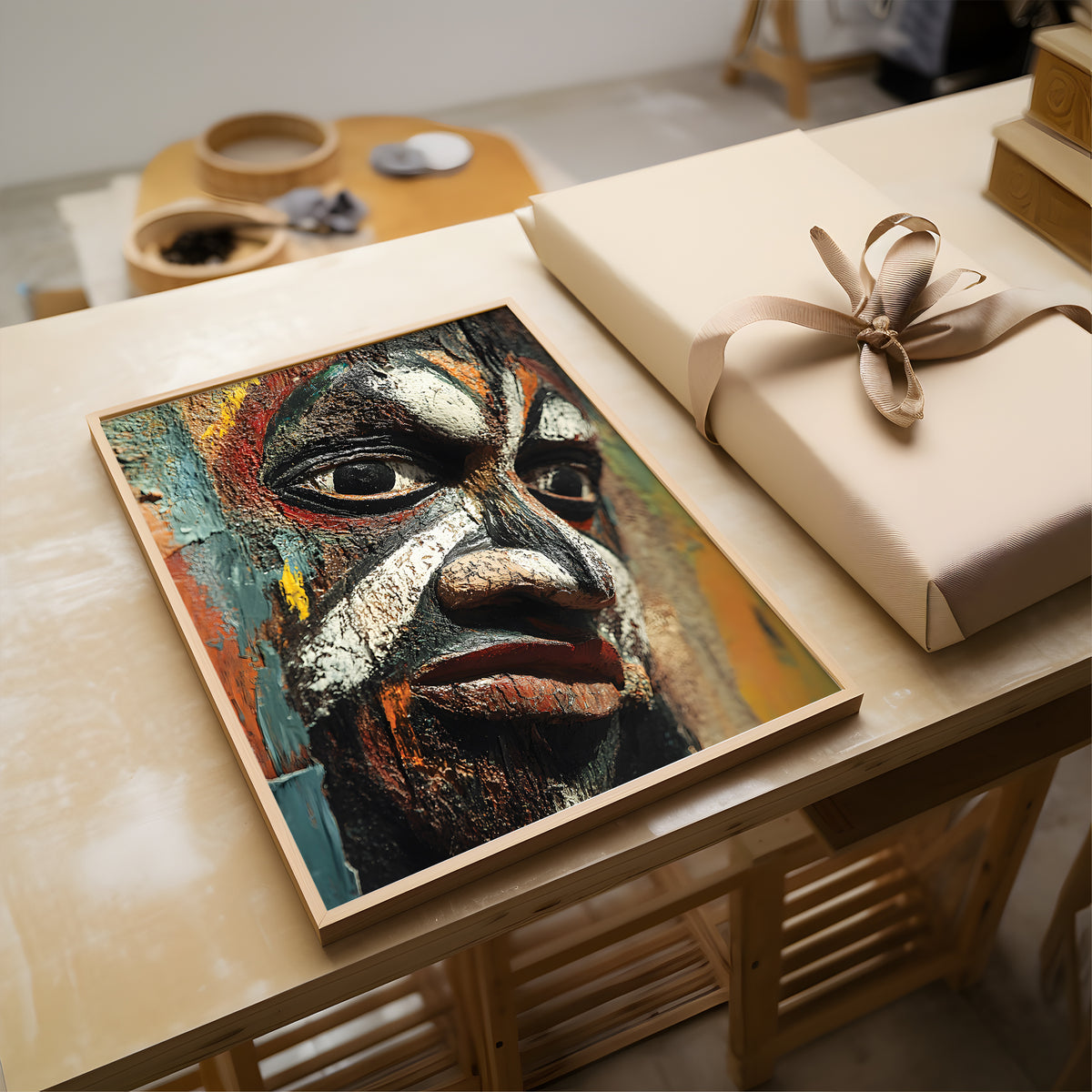 A framed abstract portrait painting of a face with expressive brushstrokes in black, white, red, blue, and orange tones, displayed on a wooden table next to a beige gift box with a ribbon.