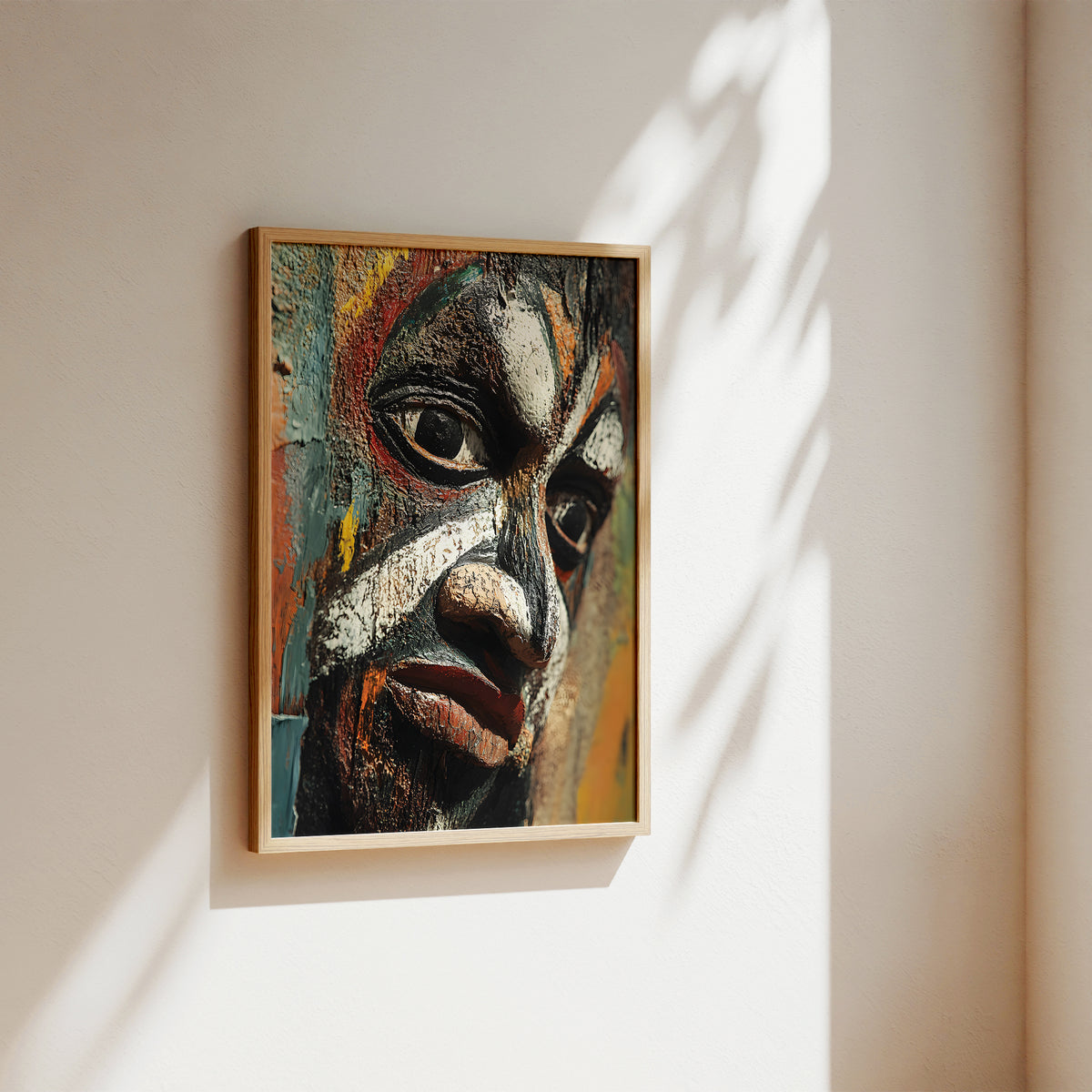A framed abstract portrait painting of a face hangs on a warm beige wall, with soft sunlight and leaf shadows casting across the wall and onto the artwork.