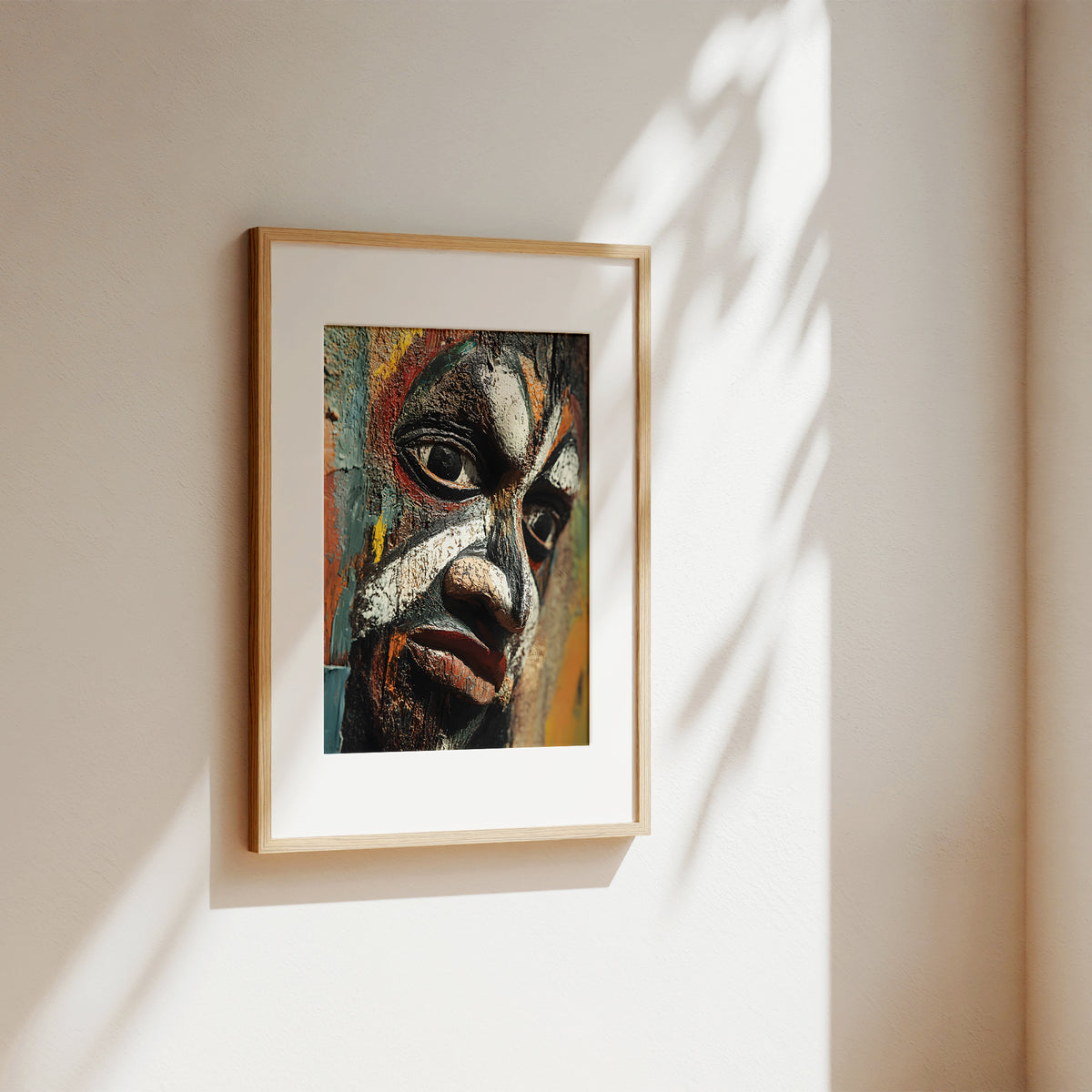 A framed art print featuring an expressive, textured portrait of a face, displayed on a warm beige wall with soft sunlight and leaf shadows.
