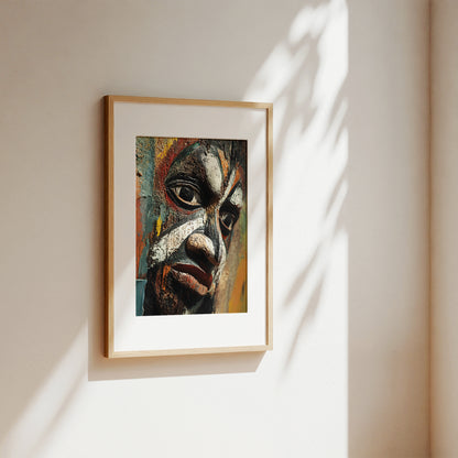 A framed art print featuring an expressive, textured portrait of a face, displayed on a warm beige wall with soft sunlight and leaf shadows.