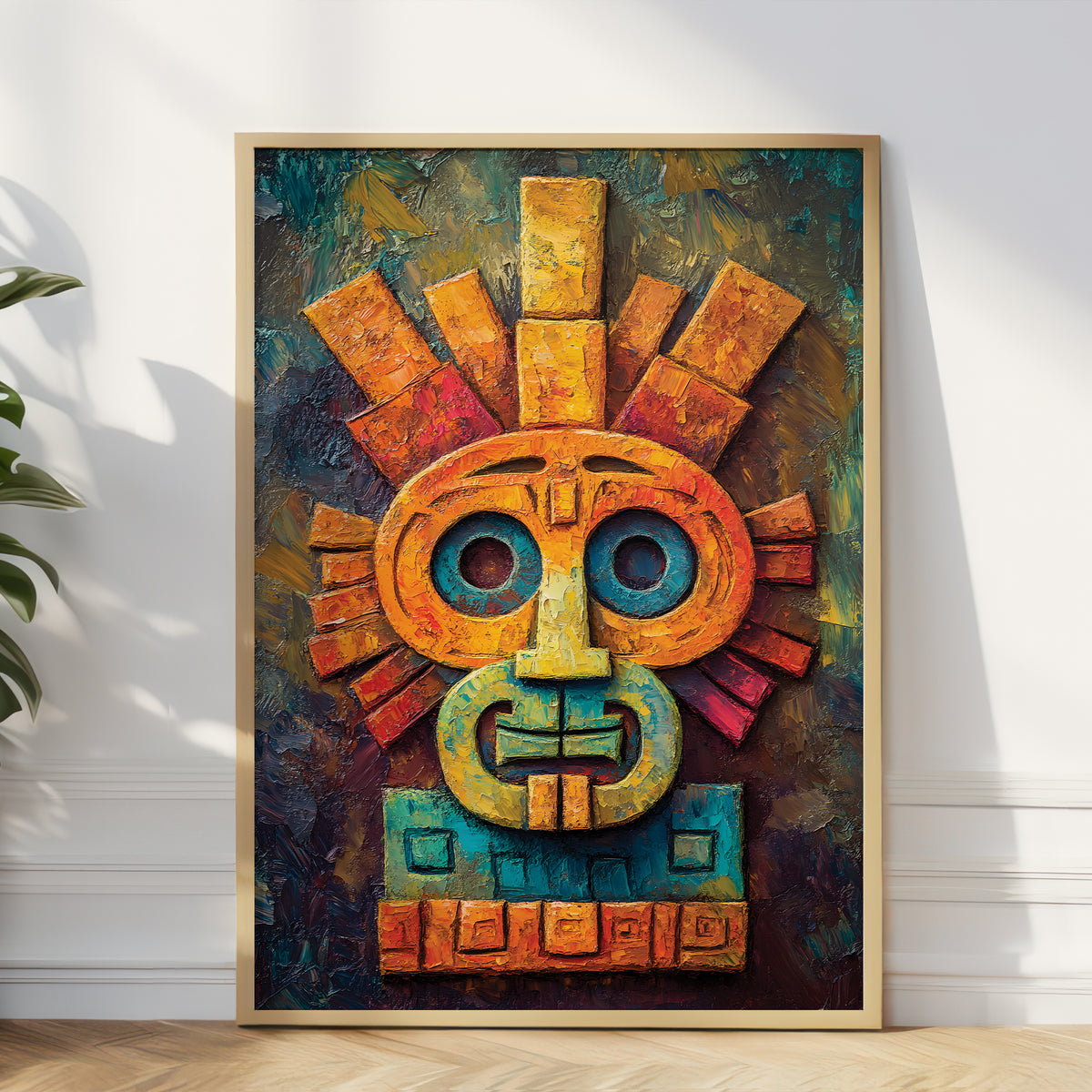 A framed colorful painting of an Aztec-style mask leaning against a white wall on a light wood floor, with a plant leaf visible at the left edge.