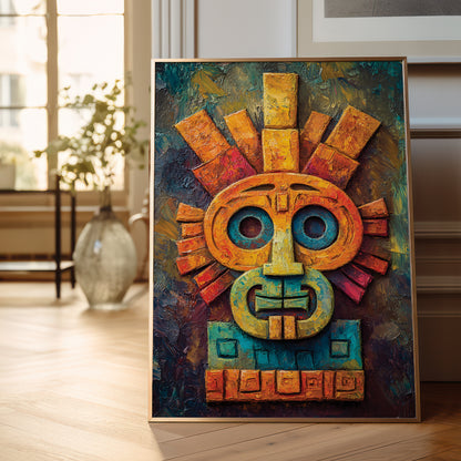 A framed colorful painting of an abstract Aztec-style face with geometric features, displayed leaning against a wall on a wooden floor in a bright, modern room.