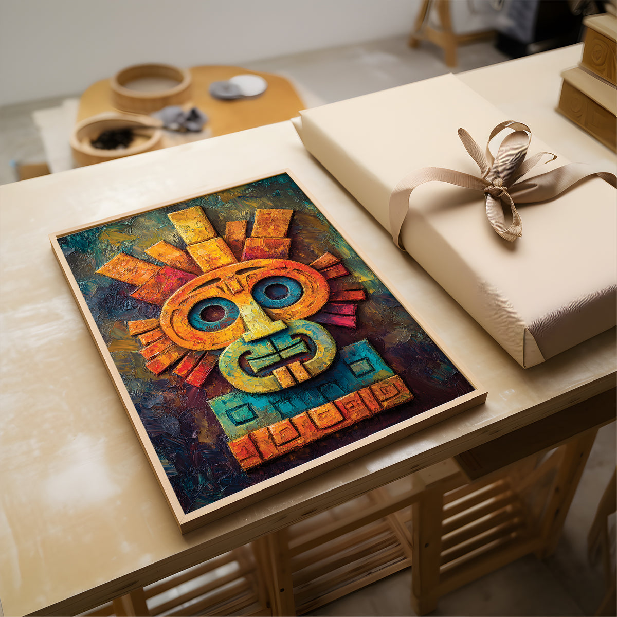 A framed colorful art print featuring an Aztec-style sun face, displayed on a light wood table next to a wrapped gift box with a beige ribbon.