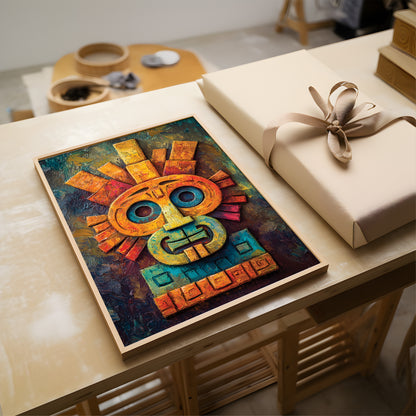A framed colorful art print featuring an Aztec-style sun face, displayed on a light wood table next to a wrapped gift box with a beige ribbon.