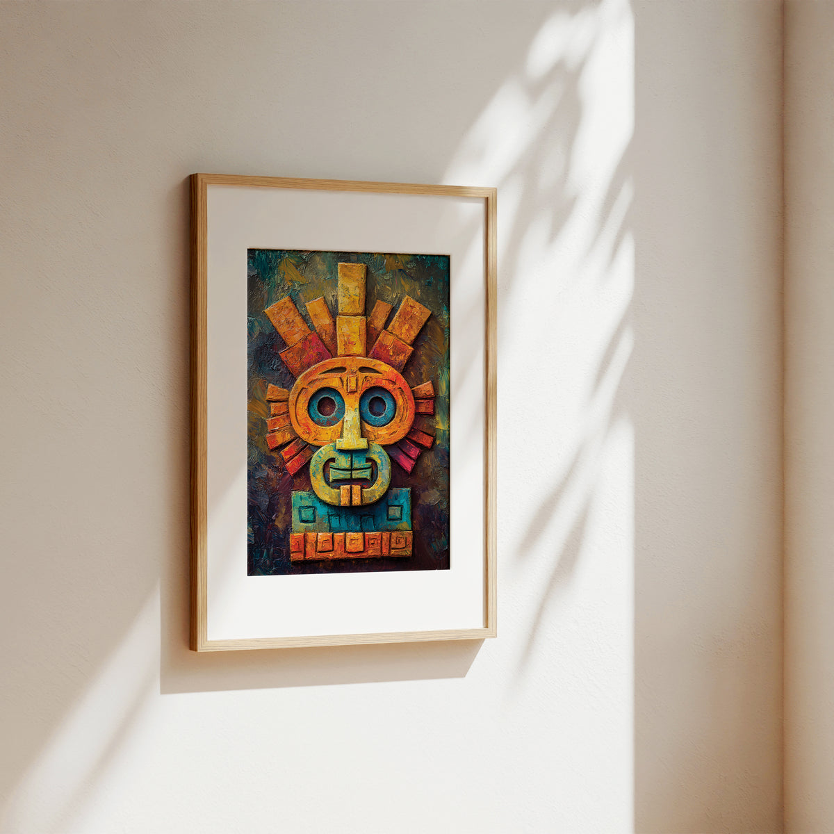 A framed art print featuring a colorful Aztec-style calendar mask, displayed on a warm beige wall with soft, dappled sunlight casting leaf shadows.
