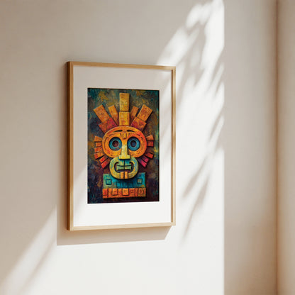 A framed art print featuring a colorful Aztec-style calendar mask, displayed on a warm beige wall with soft, dappled sunlight casting leaf shadows.
