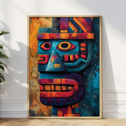 A framed abstract art print featuring a stylized face in bold blue, red, orange, and yellow tones, leaning against a white wall on a light wood floor with a plant partially visible at the left edge.