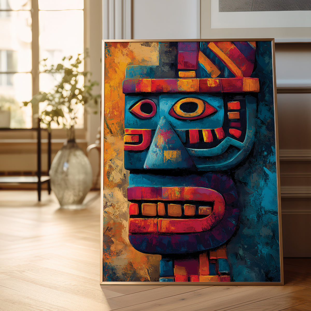 A framed colorful painting of a stylized face leaning against a wall in a bright room with wood floors and a vase in the background.