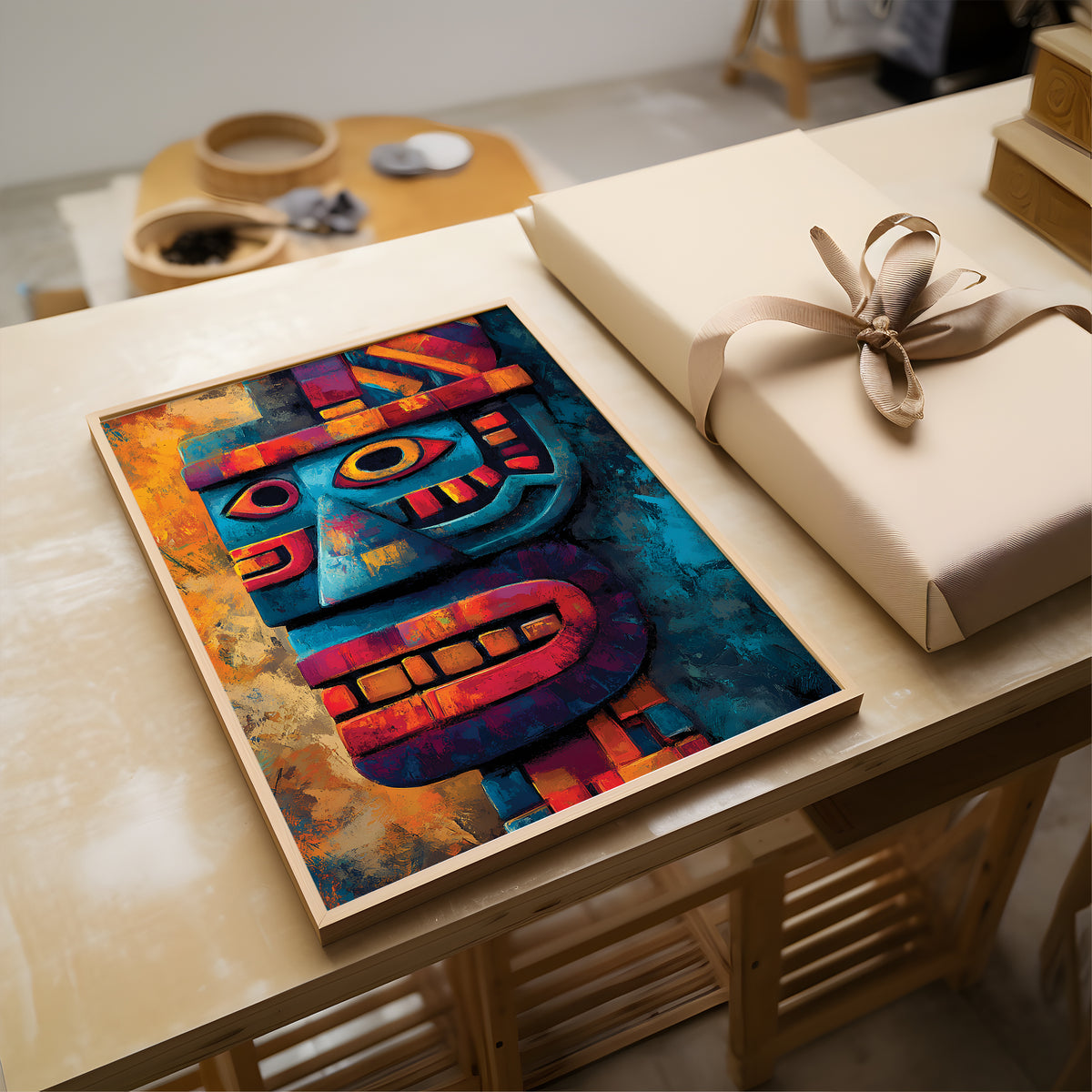 A framed colorful art print featuring an abstract Aztec-style face in blue, red, orange, and yellow tones, displayed on a light wood table next to a wrapped gift box.
