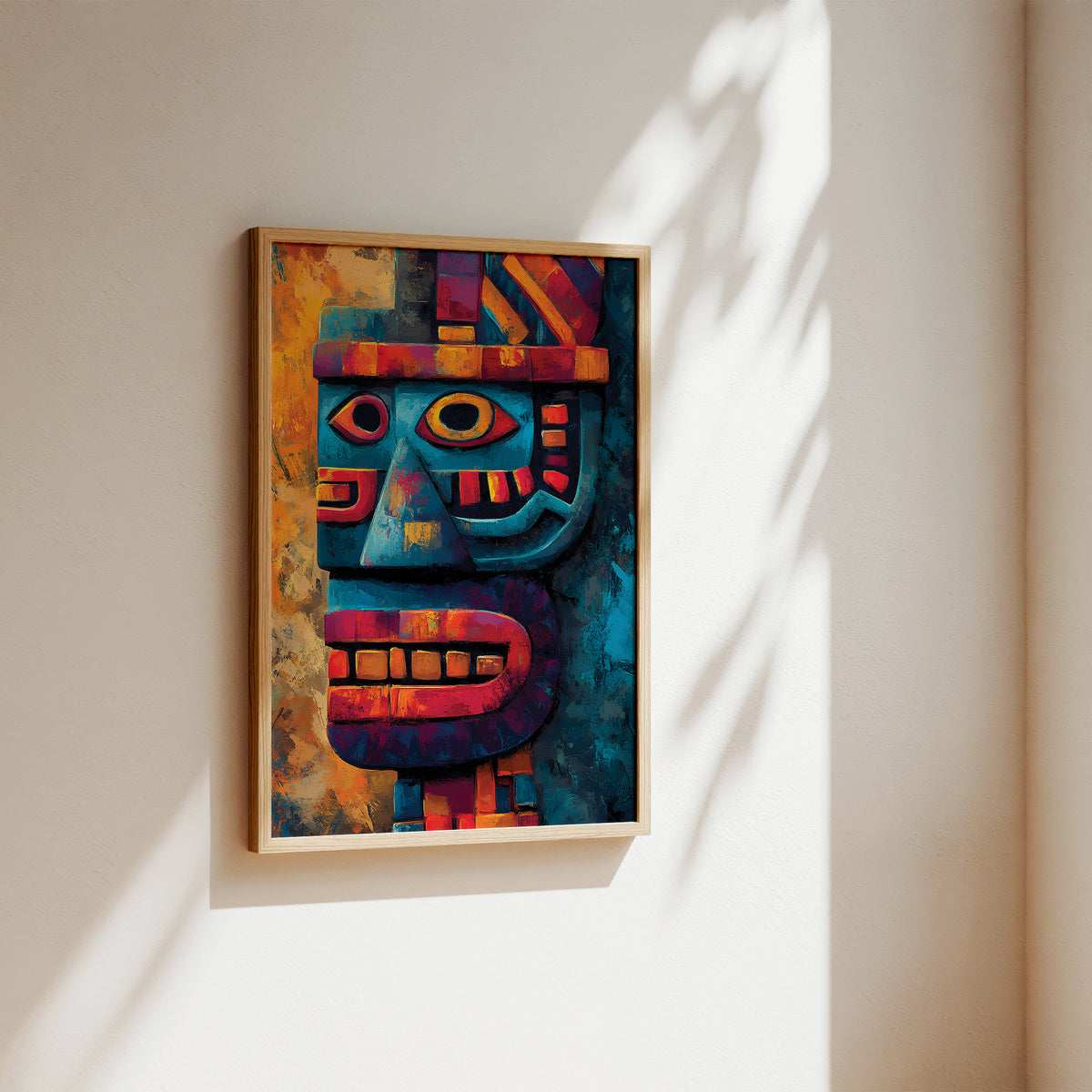 A framed colorful wall art print featuring an abstract stylized face in blue, red, orange, and yellow tones, hung on a beige wall with soft sunlight and leaf shadows.
