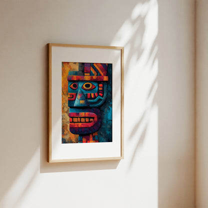 A framed colorful art print featuring a stylized face in blue, red, orange, and yellow tones, hung on a beige wall with soft sunlight and leaf shadows.