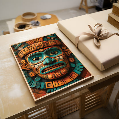 A framed art print featuring a detailed Aztec-style mask in vibrant turquoise, teal, and orange tones, displayed on a wooden table next to a wrapped gift box.