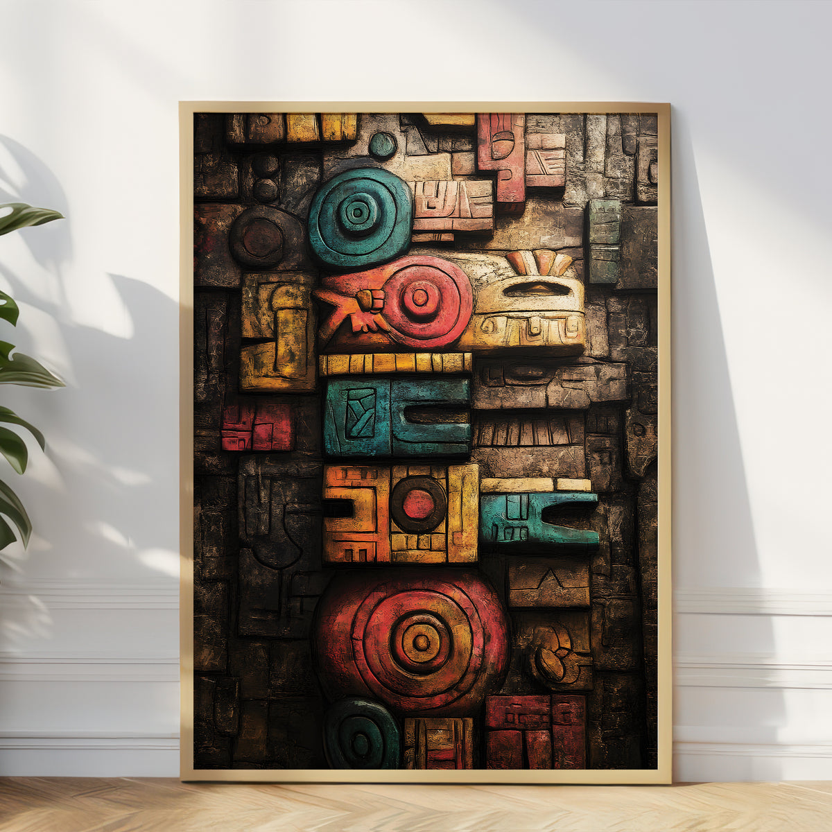 A framed vertical art print leaning against a white wall on a light wood floor, showing an abstract stacked-block design in earthy brown, black, teal, red, and yellow tones.