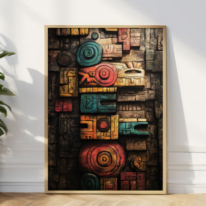 A framed vertical art print leaning against a white wall on a light wood floor, showing an abstract stacked-block design in earthy brown, black, teal, red, and yellow tones.
