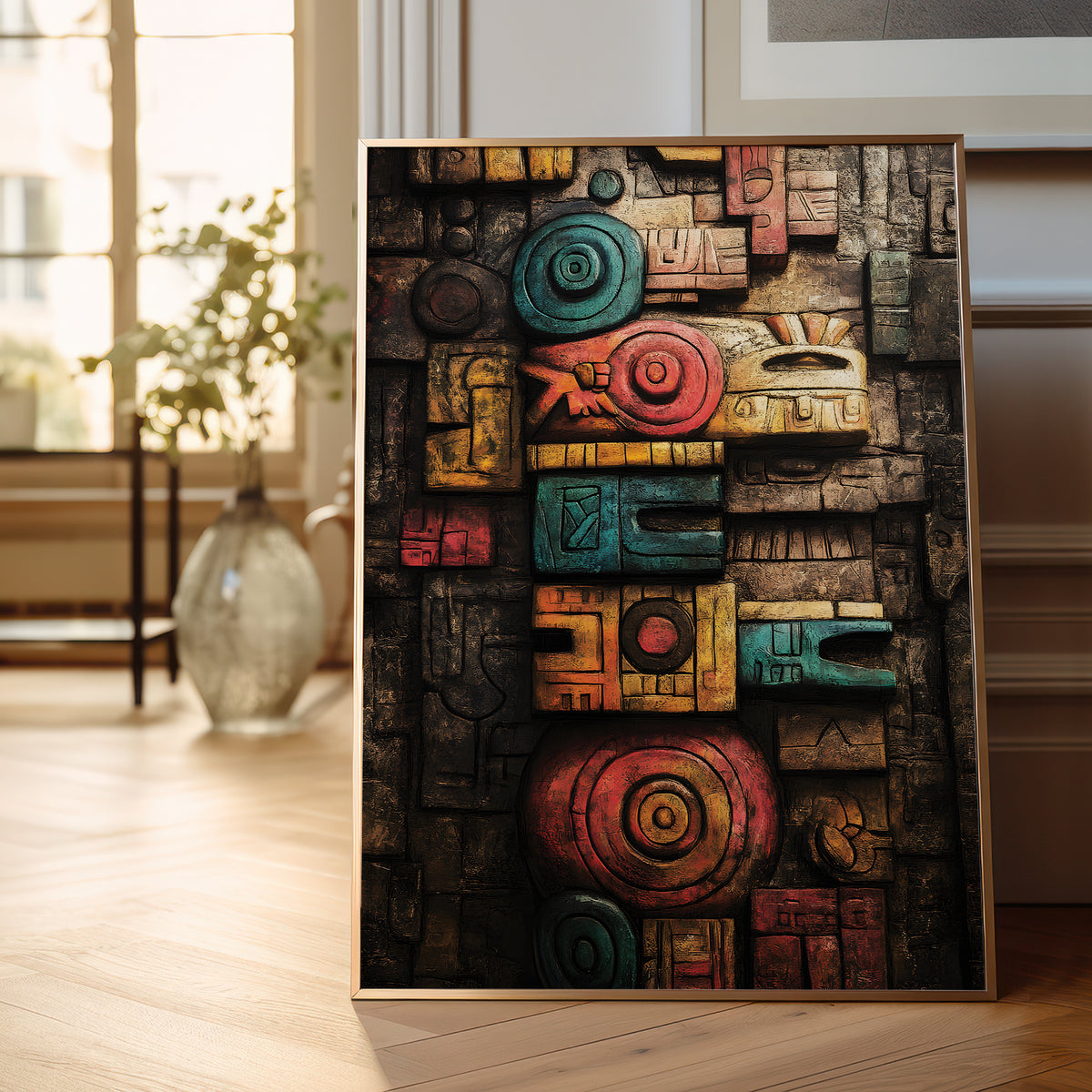 A framed vertical art print featuring a colorful, textured Aztec-inspired stone carving design, displayed leaning against a wall on a light wood floor in a bright, modern room.