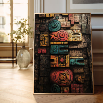 A framed vertical art print featuring a colorful, textured Aztec-inspired stone carving design, displayed leaning against a wall on a light wood floor in a bright, modern room.