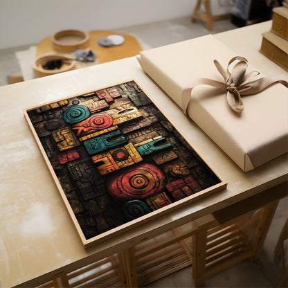 A framed abstract wall art print hangs on a warm beige wall, casting soft shadows from nearby foliage. The artwork features a complex, stacked geometric pattern resembling ancient glyphs or blocks in a mix of dark brown, teal, red, yellow, and orange tones, enclosed in a light wood frame.
