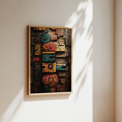 A framed abstract wall art print hangs on a warm beige wall, casting soft shadows from nearby foliage. The artwork features a complex, stacked geometric pattern resembling ancient glyphs or blocks in a mix of dark brown, teal, red, yellow, and orange tones, enclosed in a light wood frame.