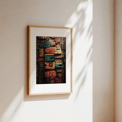 A framed art print featuring a colorful, textured collage of geometric and circular patterns, styled on a warm beige wall with soft sunlight and leaf shadows.