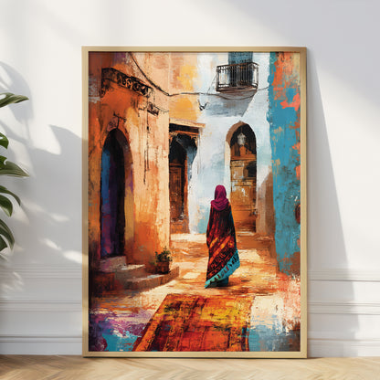 A framed vertical art print depicting a colorful, textured painting of a woman in a red and teal sari walking down a sunlit Mediterranean alleyway, leaning against a white wall on a light wood floor.