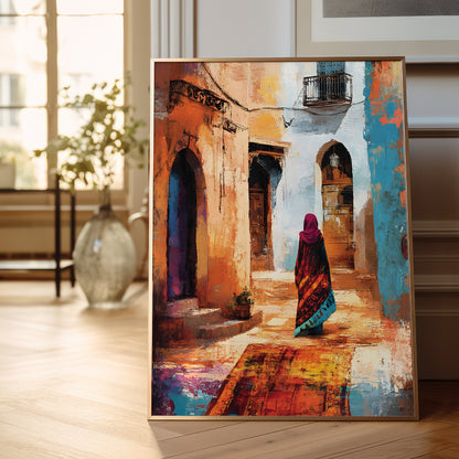 A framed painting leaning against a wall on a wooden floor in a bright room. The artwork depicts a narrow sunlit alley with arched doorways, warm ochre and beige walls, blue accents, and a woman in a magenta headscarf walking away.
