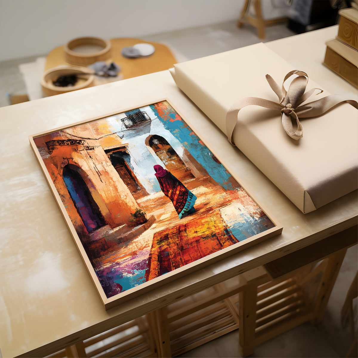 A framed colorful painting depicting a woman in a courtyard with warm orange, blue, and red tones, displayed on a light wood table next to a wrapped gift box with a beige ribbon.