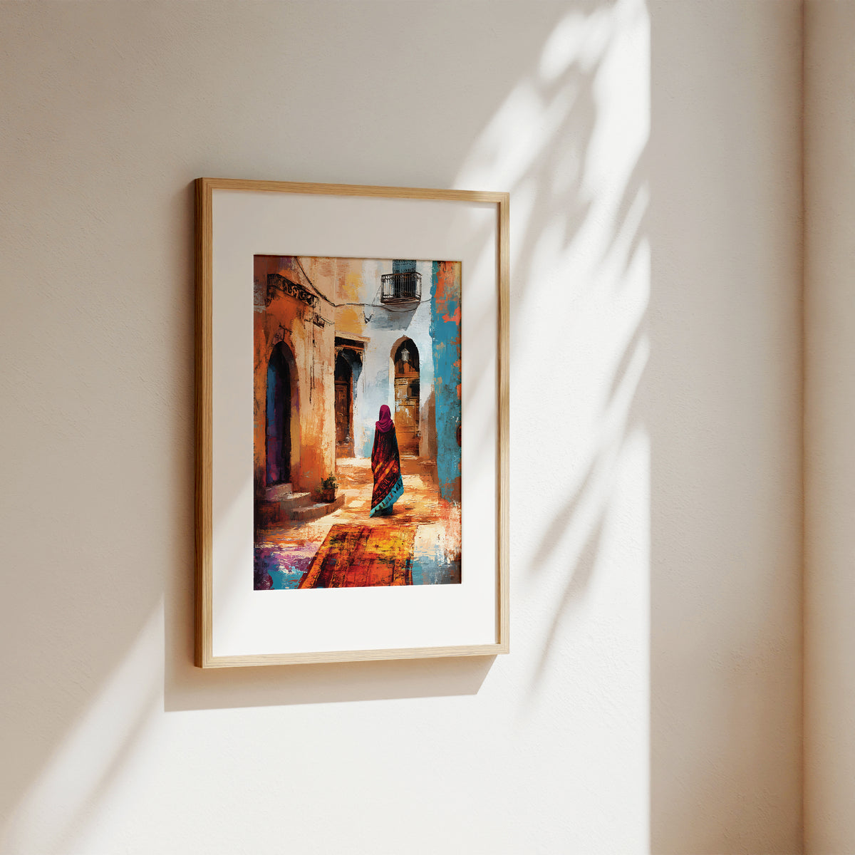 A framed art print depicting a colorful street scene with a woman in a red sari, hung on a warm beige wall with soft sunlight and leaf shadows cast across it.
