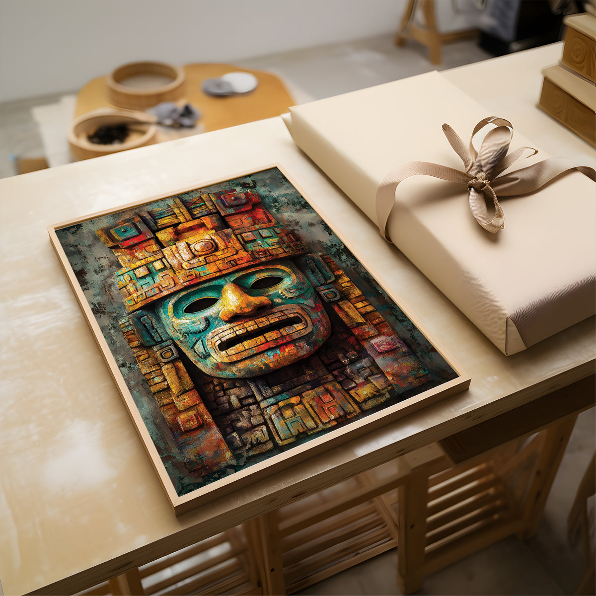 Ancient Mesoamerican Mask Wall Art Print  – Cultural Art Print