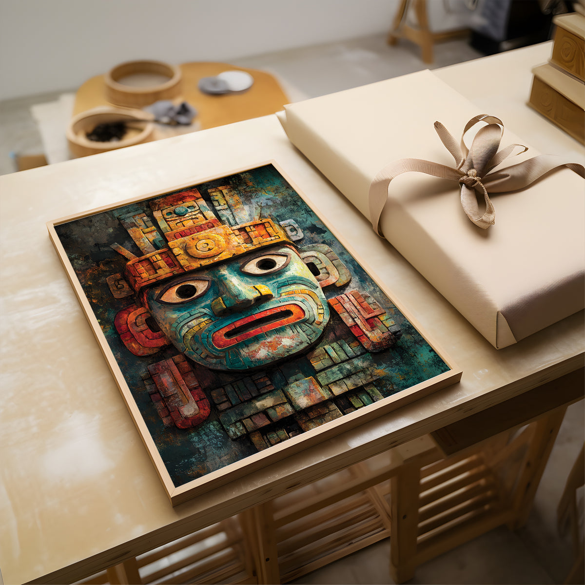 A framed art print featuring a colorful Aztec-style mask, displayed on a light wood table next to a wrapped gift box with a beige ribbon.